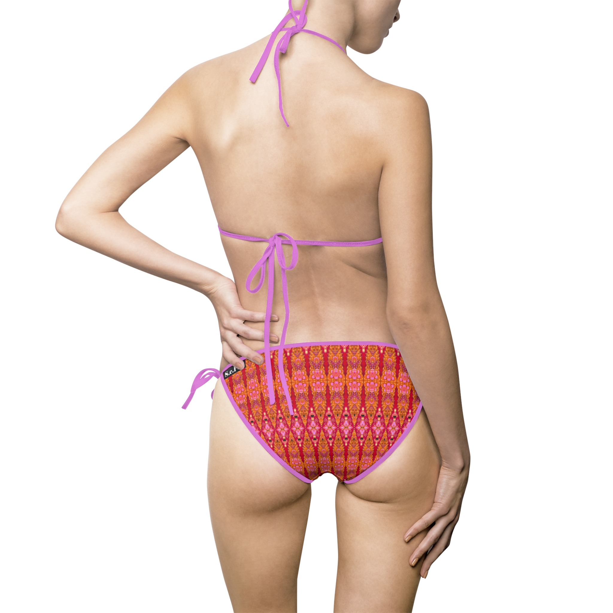 Bohemian Bright Fuchsia & Orange Geometric Pattern Women's Bikini Swimsuit (S.e.P.T.™) - Image 3