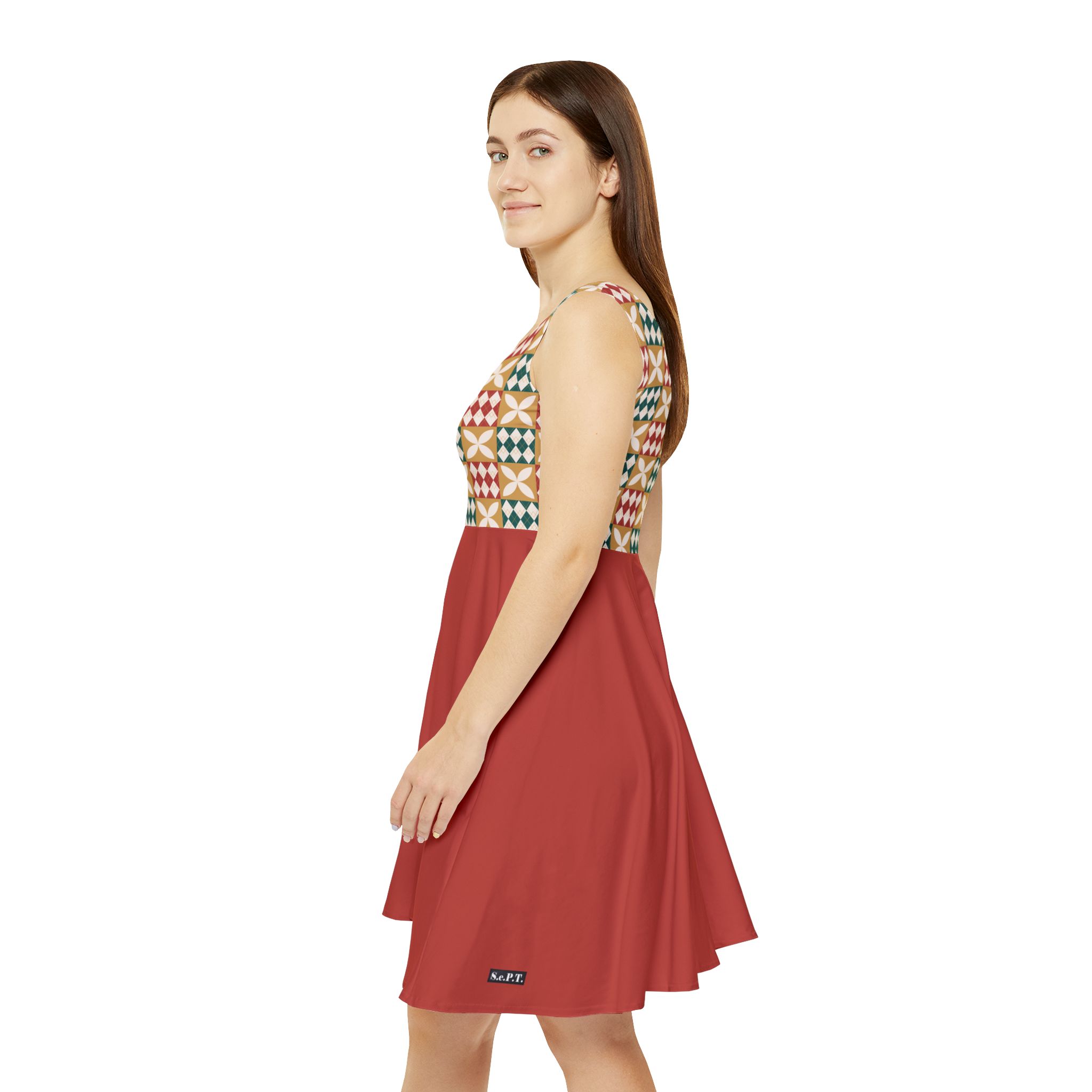 Warm Tones Holiday Harlequin Quilt Pattern Terracotta Women's Skater Dress (S.e.P.T.) - Image 6