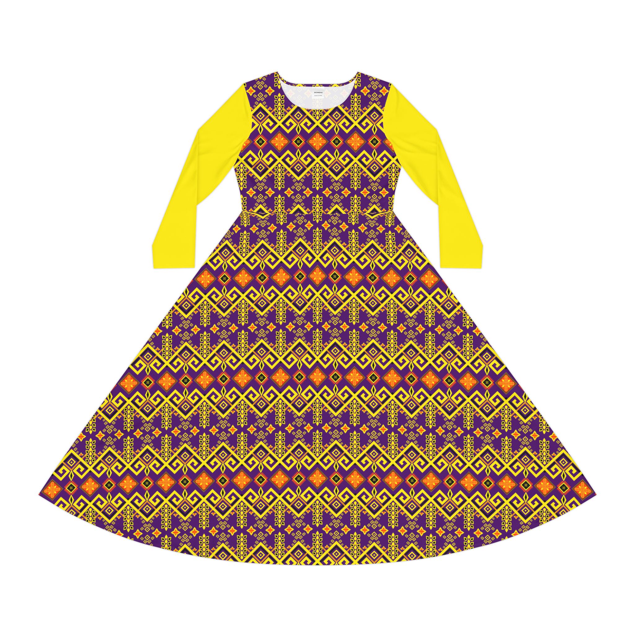 Tribal Maze Geometric Gold & Purple Print Women's Long Sleeve Dress (S.e.P.T.™) - Image 2