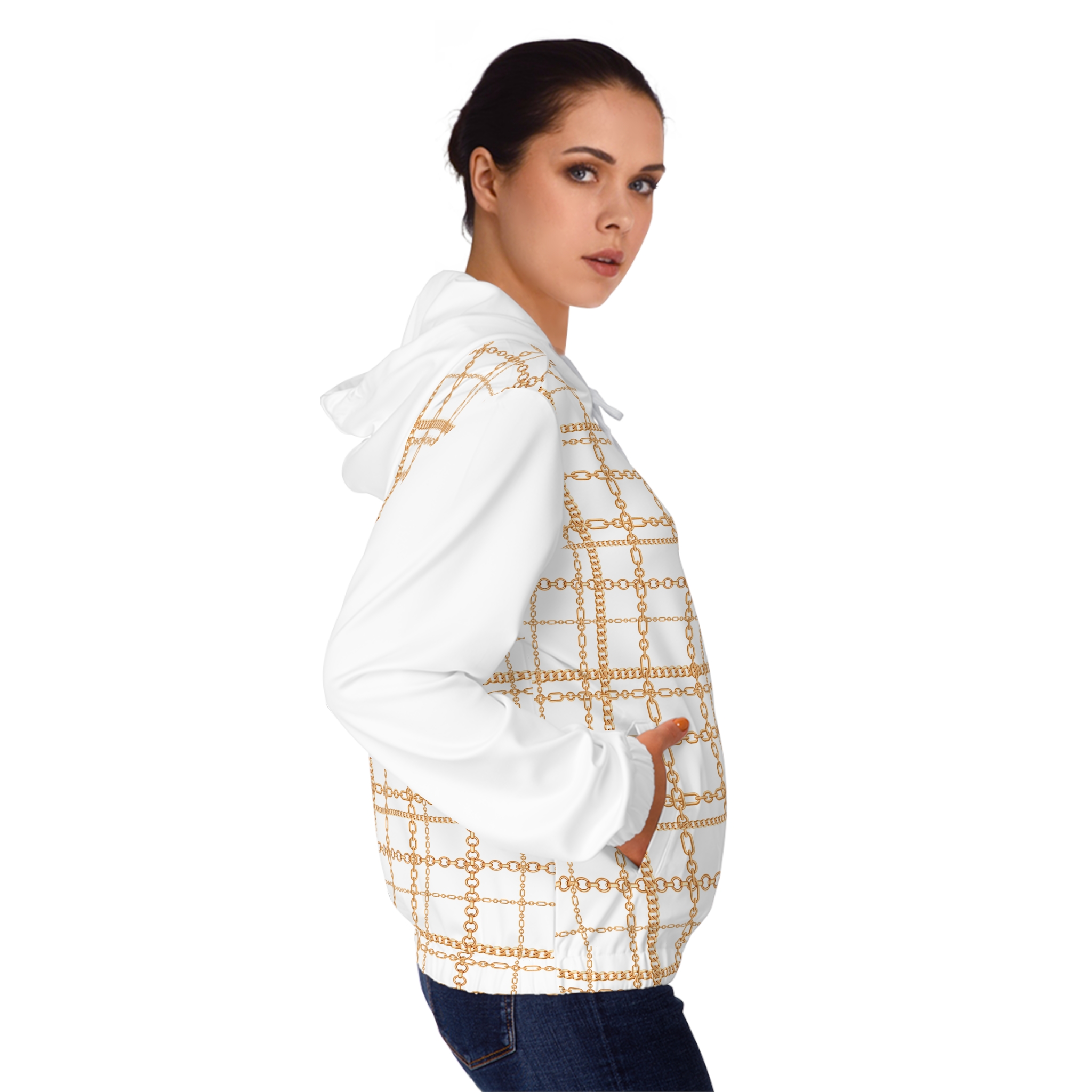 Chic White & Gold Chain Plaid Print Women’s Full-Zip Hoodie (S.e.P.T.™) - Image 6