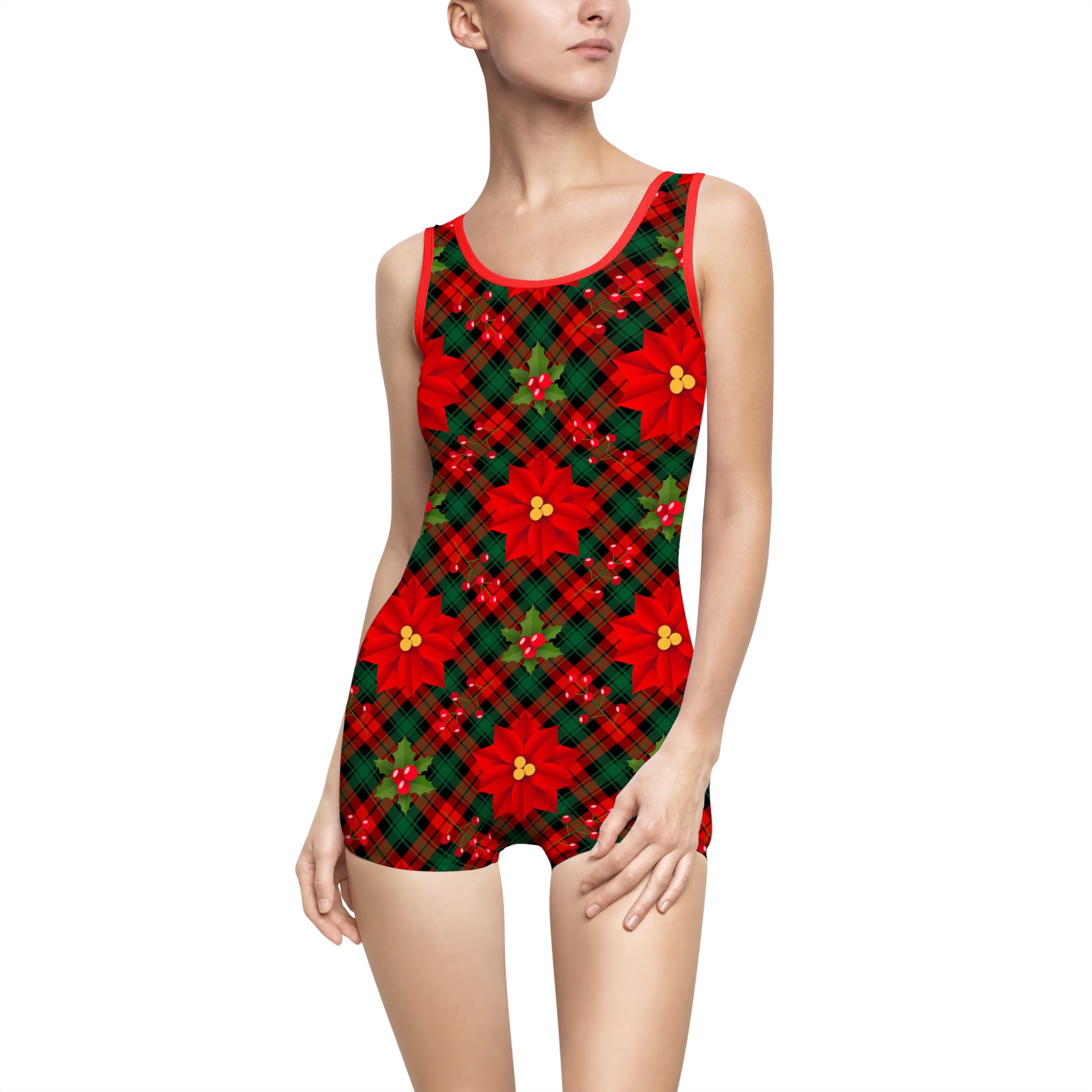 Christmas Poinsettia Tartan Plaid Print Women's Vintage Swimsuit (S.e.P.T.™)
