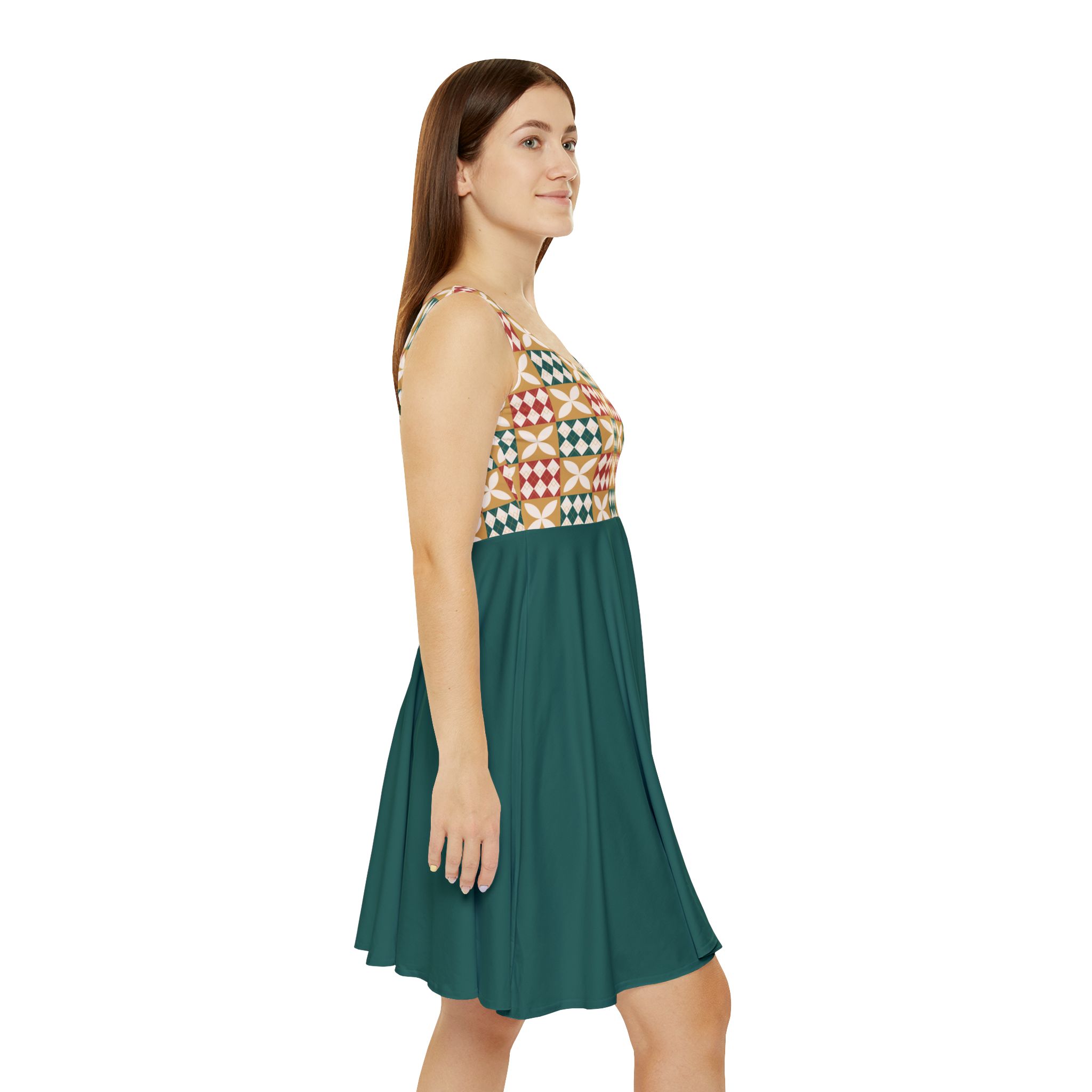 Warm Tones Holiday Harlequin Quilt Pattern Forest Green Women's Skater Dress (S.e.P.T.)